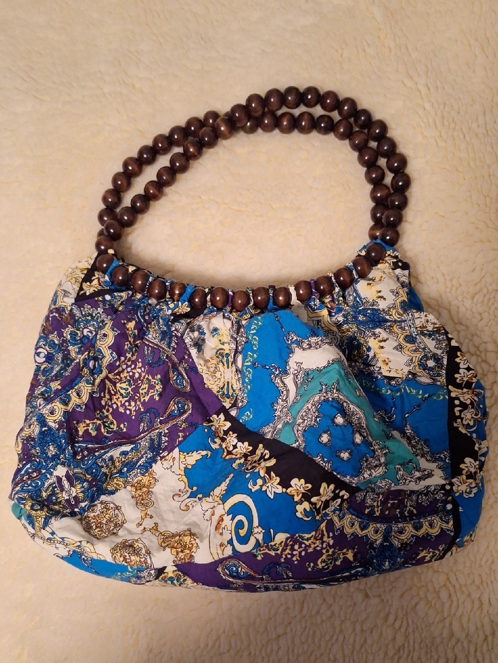 HAND CRAFTED Bohemian Patch work Beaded Handle HAND Bag - Blue & Purple - Picture 3 of 14